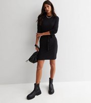 New Look Black Ribbed Jersey Belted Long Sleeve Mini Dress